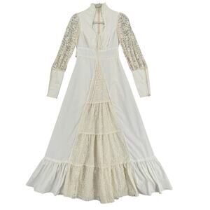 Vintage 70s Gunne Sax? Dress S Ivory Fairycore Lace Crochet Long Prairie Peasant